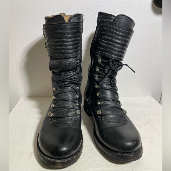 FRYE VERONICA Motor Cross Black Distressed Leather Boots #...